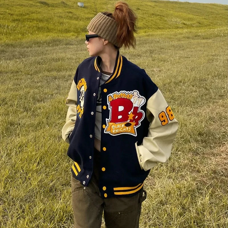 

PU Long Sleeve Stitching Coats Unisex American Bombers Coat Spring Autumn Hip Hop Street Stitching Bomber Varsity Jacket Women