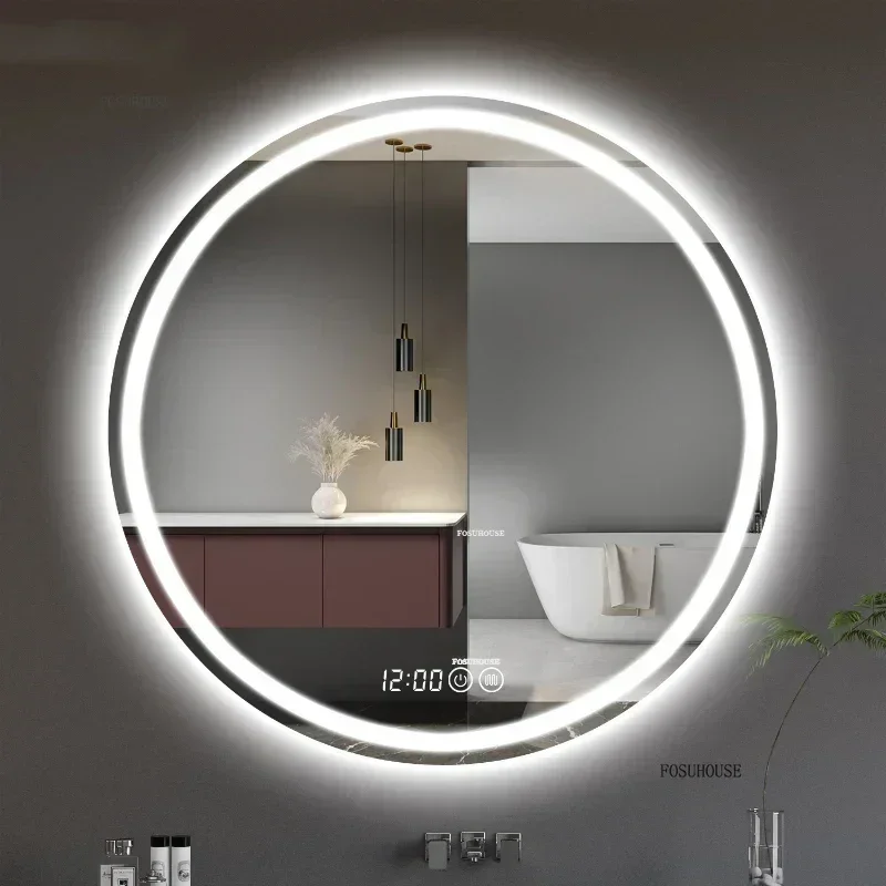 ห้องน้ําติดผนัง กระจกแต่งหน้าแบบสัมผัสติดผนัง กระจกป้องกันหมอกมัลติฟังก์ชั่นสําหรับห้องน้ํา กระจกห้องน้ําทรงกลมอัจฉริยะ 1