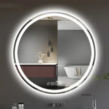 ห้องน้ําติดผนัง กระจกแต่งหน้าแบบสัมผัสติดผนัง กระจกป้องกันหมอกมัลติฟังก์ชั่นสําหรับห้องน้ํา กระจกห้องน้ําทรงกลมอัจฉริยะ 1