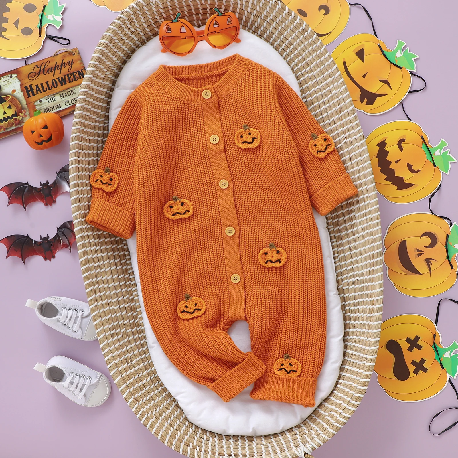 MISOWMNJOY Halloween Baby Knitted Sweater Romper for Boys Girls Winter Jumpsuits Long Sleeve Pumpkin Newborn Crochet Clothes