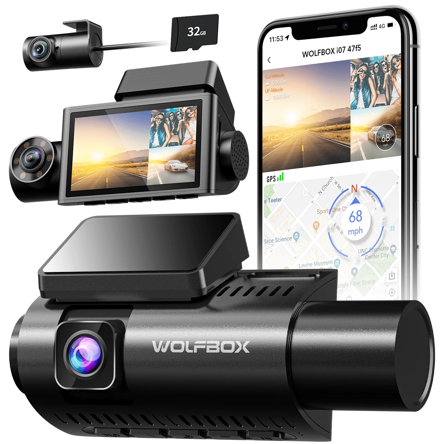 WOLFBOX Dash Cam Front and Rear 4K Dash Cam with GPS WiFi UHD Dash