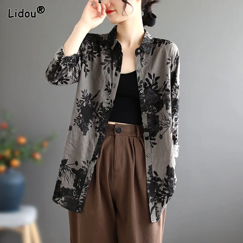 Printing Vintage Classic Korean Straight Button Turn-down Collar Cardigan All Season Thin Blouses Women's Clothing 2022 Fashion