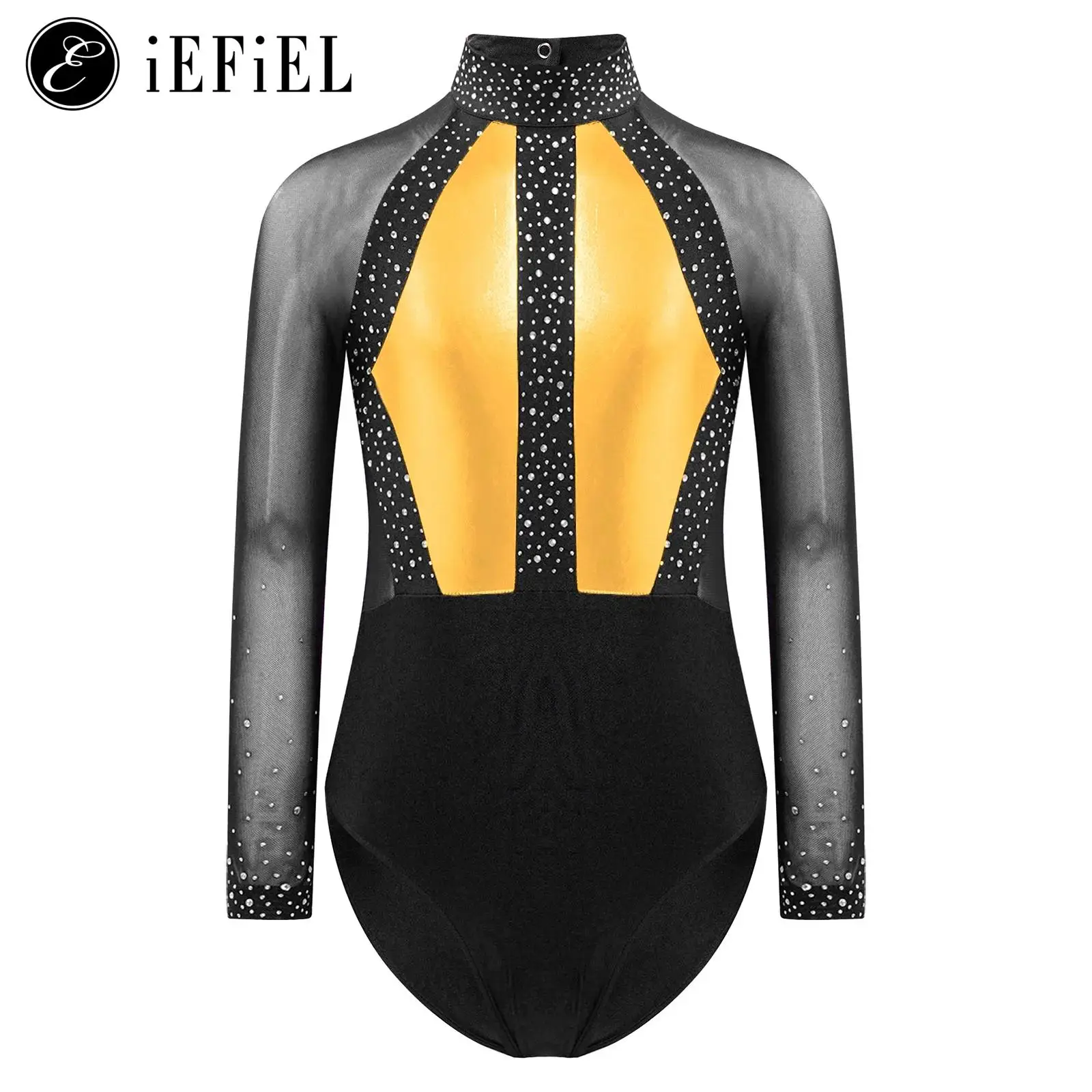 Girls Dance Costumes Ballet Leotard Dance Leotard Kids Rhinestone Mesh Long Sleeve Keyhole Back Gymnastics