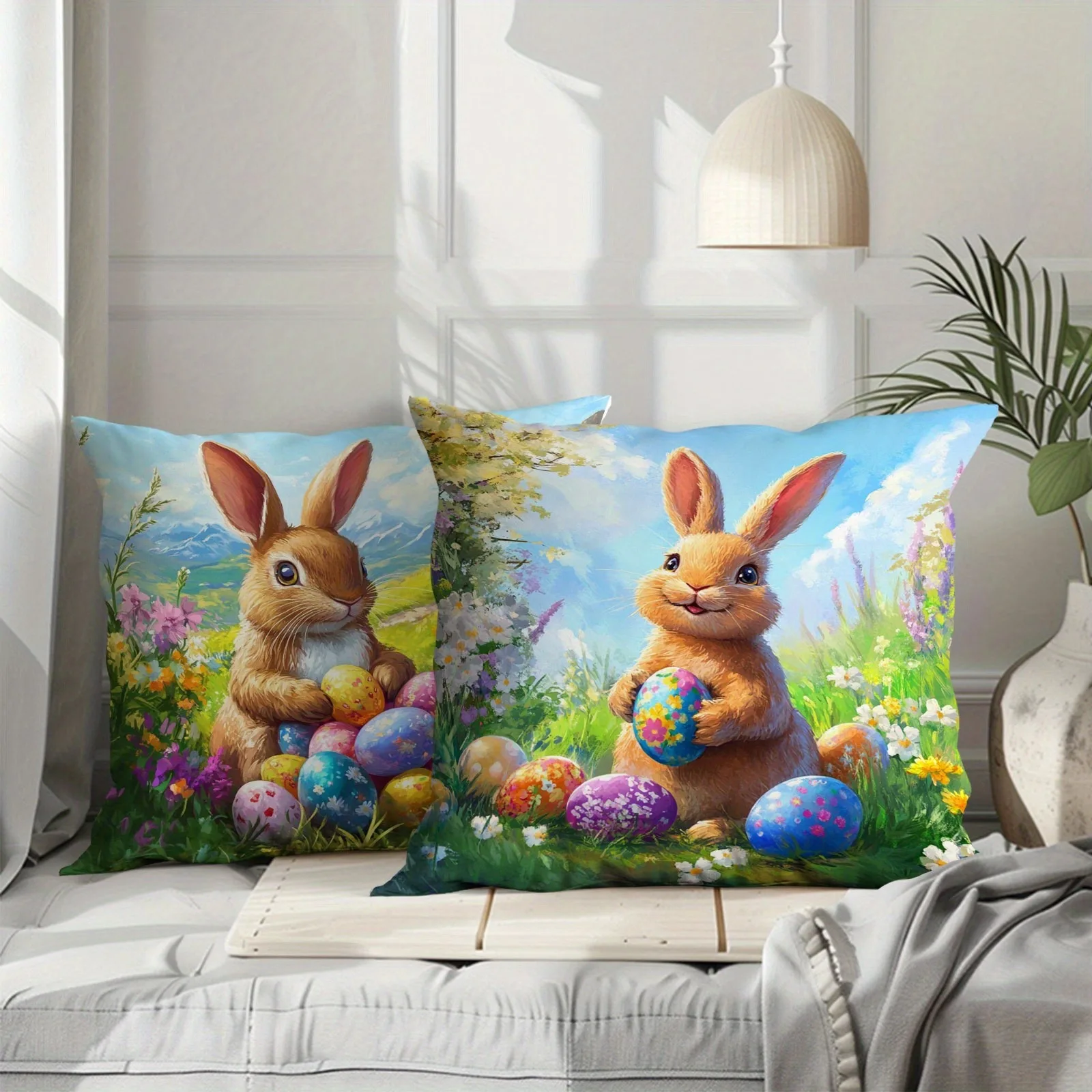 Happy Easter pillow cover Spring cute bunny and floral pattern printing home room decoration Sofa chair cushion cover 3