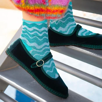 Flannel Flats Women Shoes Hand Stitch Mary Janes Ballet Casual Shoes Ladies Elegant Buckle Closure Velvet Loafers Dark Green 1