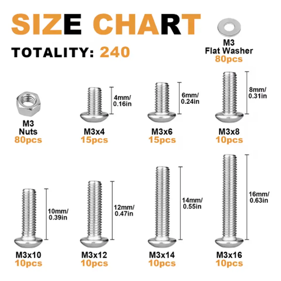 240Pcs M3 Hex Head Screws, M3x4/6/8/10/12/14/16mm Button Head Stainless Steel Internal Hexagon Screw Washer Nut Set image 2