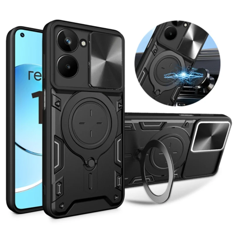 Enhanced Shockproof Armor Phone Cover with Ring Holder & Slide Camera Protection