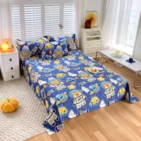 Cartoon Bear Flat Sheet with 2 Pillowcase Twin/King Cotton Space Explorer Theme Rocket Star Print Bed Sheet Set(No Fitted Sheet) 2