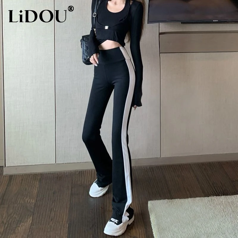 

2023 Summer New Contrast Color Patchwork Elastic Waist Flared Pants Women Casual Elegant Slim Sexy All-match Straight Pants