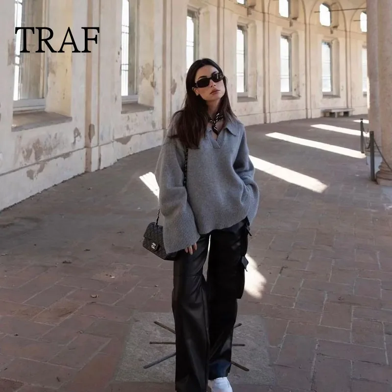 

TRAF Woman Sweaters Pullover 2023 Oversize Sweater Female Loose Long Sleeve Top Women Clothing Casual Knit Sweaters Streetwear