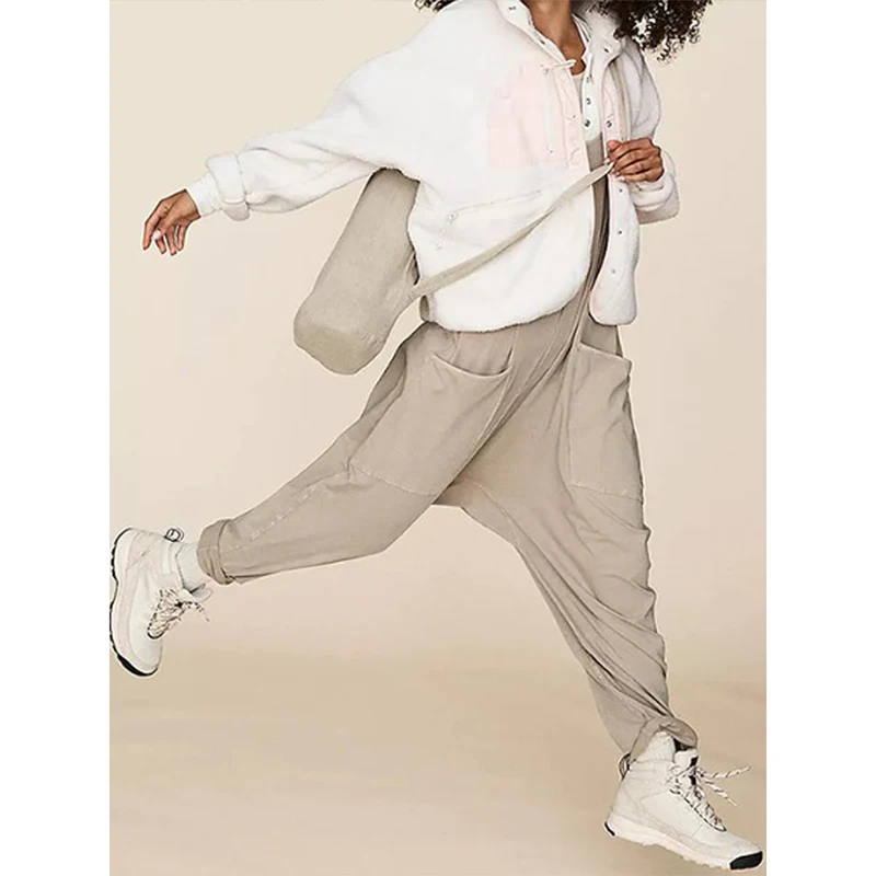 Molizhi Spaghetti Long Length Pocket Jumpsuit, Casual Sleeveless Loose Zip Back Jumpsuit, Women's Clothing