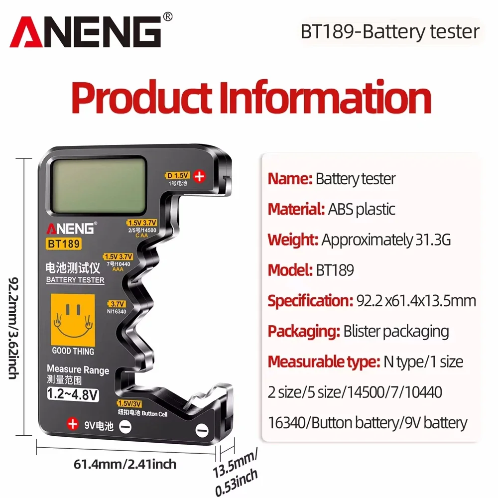 ANENG BT189 Universal Battery Tester for C,AA,AAA,D,N,9V 6F22 Batteries 1.5V 3V Button Cell Battery Indicator Electric Tools 6