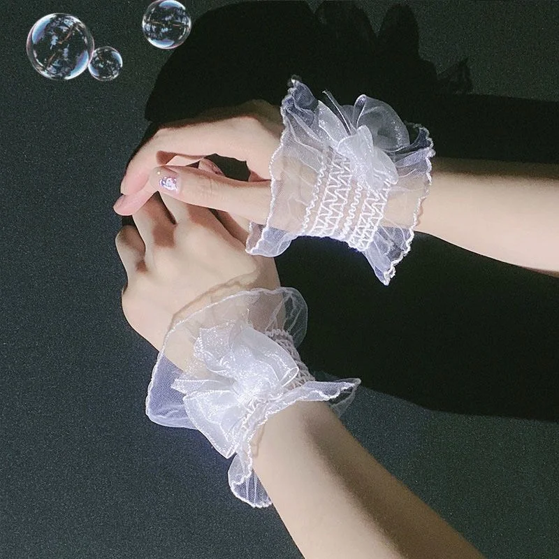 Lolita Loli False Sleeve Wrist Cuffs Fashion Bow Mesh Tulle Lace Gloves Women Girls Wedding Party Bracelet Wristband cosplay wrist cuffs cosplay bracelet