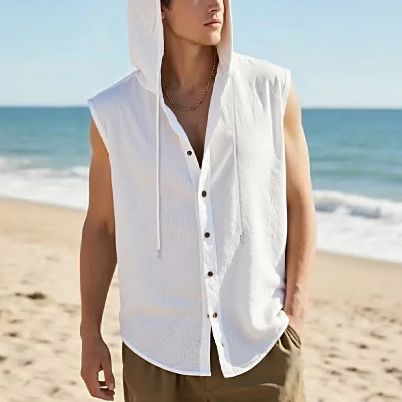Summer Men's Linen Hooded Sleeveless Shirt Loose Casual Breathable Waistcoat Male Solid Thin American Style Beach Shirts Vests_viptrois.com