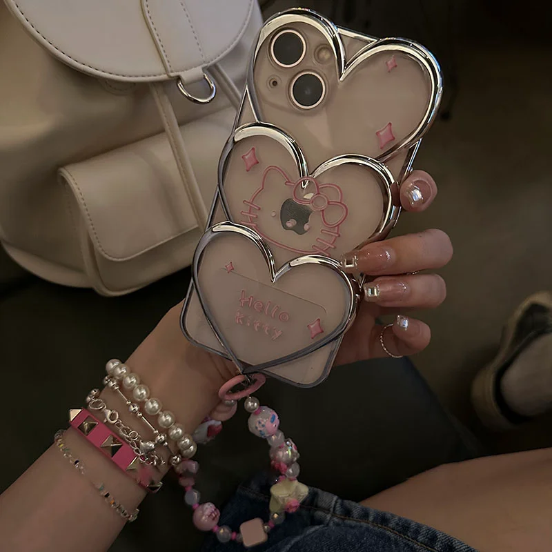 

Sanrio Hello Kitty Anime Heart Phone Case Pink Girl Shockproof IPhone 13 11 12 14 Pro Max Bracelet Beautiful with Lanyard Cover