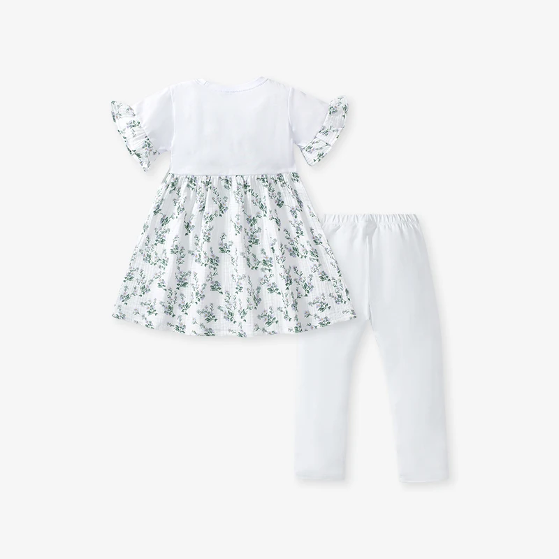 2Pcs/set Baby Girls 2025 New Tracksuit Summer Cotton Children's Clothing Sets Cartoon Flowers Dress+Pants Kids Clothes