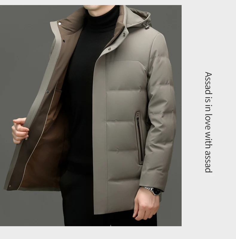 Lässige Winterjacke für Herren, warme Entendaunenjacke mit Kapuze, solide abnehmbare Mütze, Puffermantel, Oberbekleidung, lockere, winddichte, dicke, mittellange Parkas – Detail 10