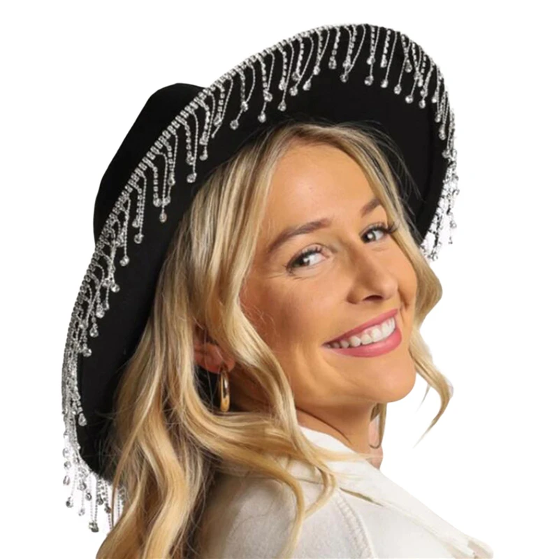 Lamuusaa Cowgirl Hats Women Western Aesthetic Wide Brim Rhinestone Tasseled Large Cap Party Clubwear Cottagecore Accessories