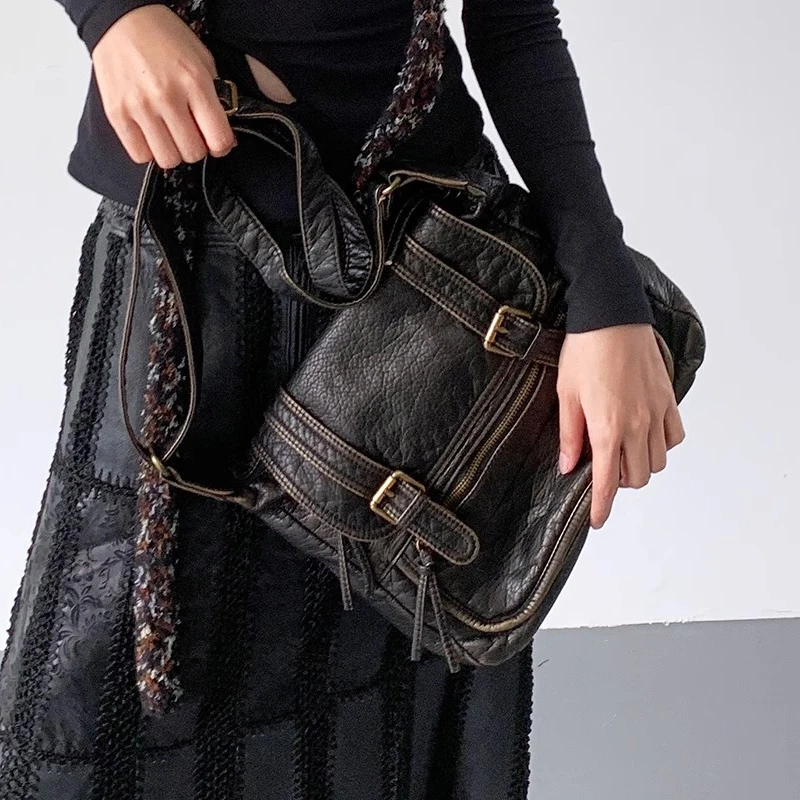 Sac à Bandoulière Femme En Cuir Synthétique Rétro - Style Moto, Poignée Supérieure - Usage Quotidien, Cadeau Tendance