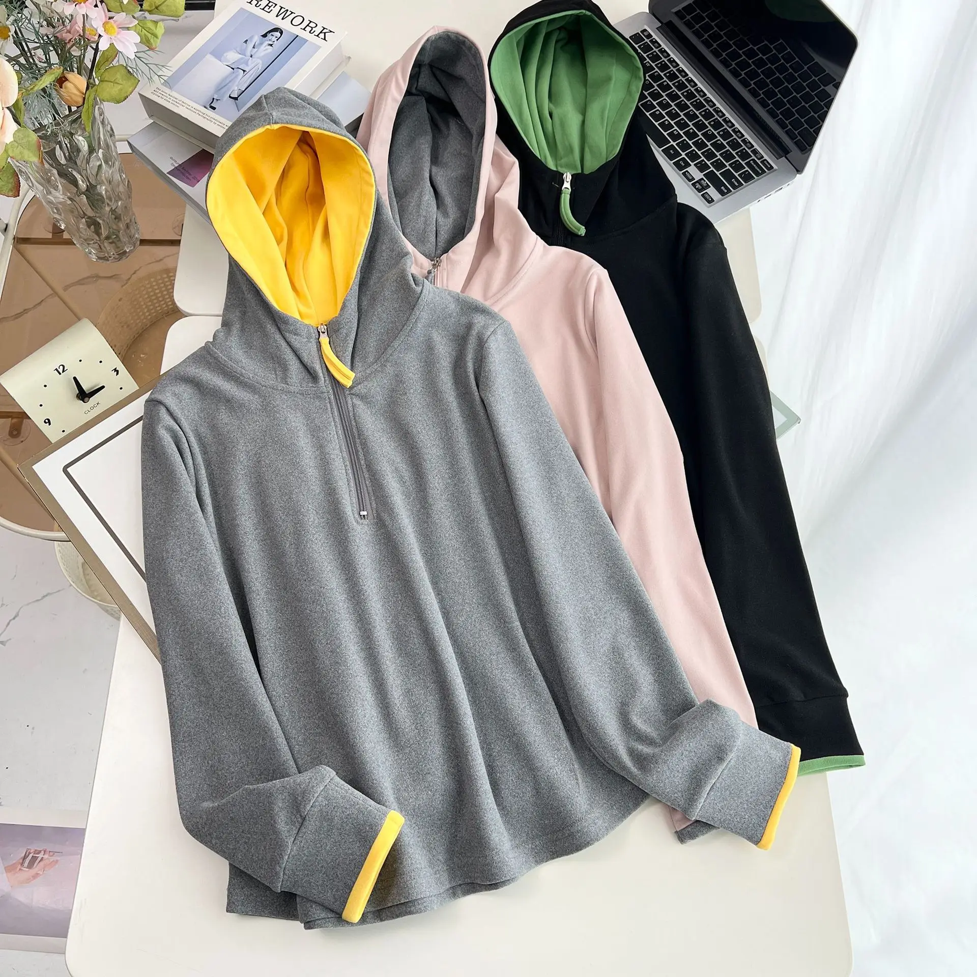 XXXXL Fashion Plus Size Women's Hoodies 2025 Antumn Winter color-blocked Zipper half-open Hooded long-sleeved Sweatshirt 2583