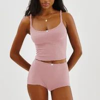 Hirigin-Ensemble de pyjama en coton pour femme, manches longues, bretelles spaghetti, haut court en tricot, short avec batterie, vêtements de nuit monochromes, 2 pièces 2