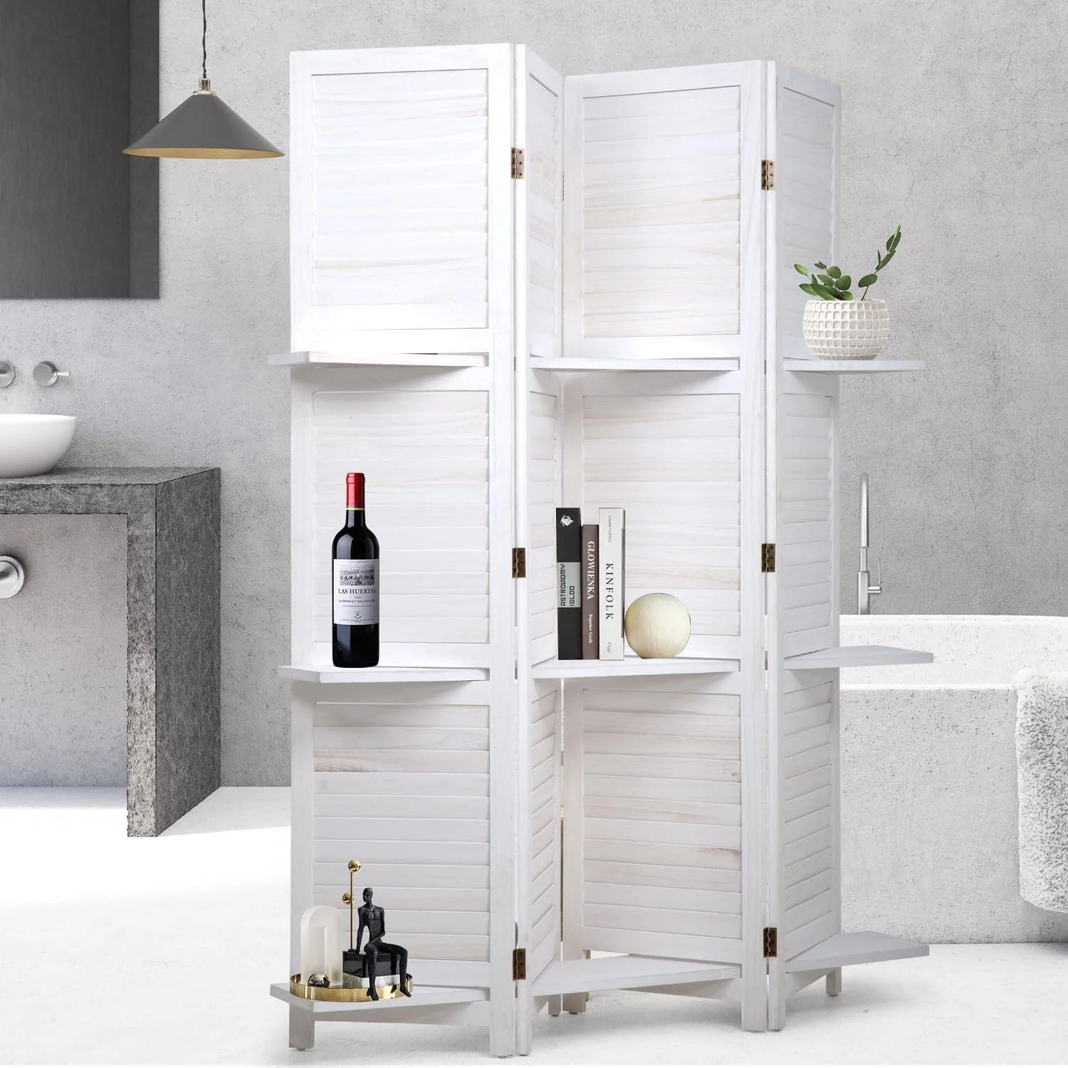 Room Divider 4 Panel Folding Wood 5.6 Ft Tall Privacy Screen Dividers Wall with Three Shelves Portable Partition (White)