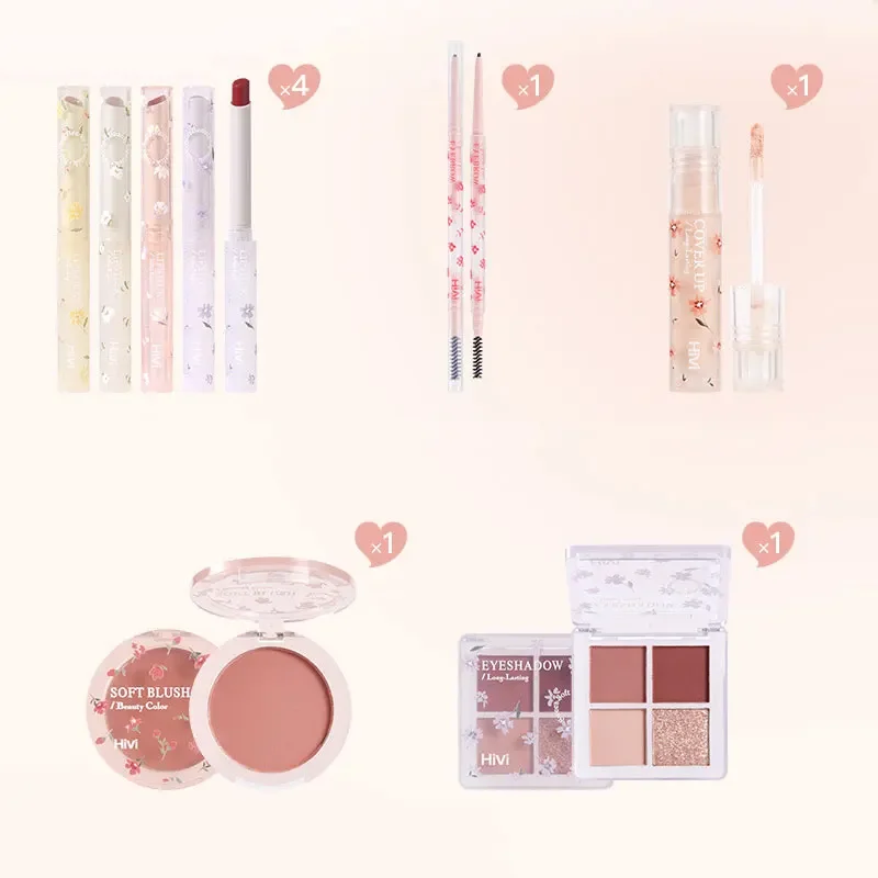 FLORTTE Jelly Lipstick Eyeshadow Set Floria First Kiss Love Series Lip Gloss Mirror Water Light Lip Glaze Beauty Cosmetics Sets