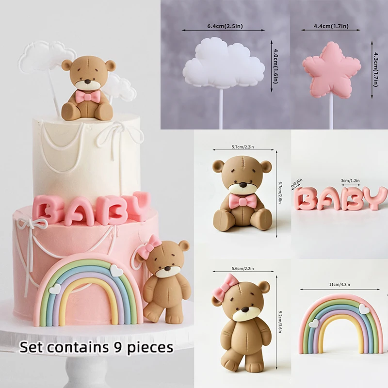 Baby Taarttopper Set - Beer, Regenboog, Wolk & Ster Decoraties