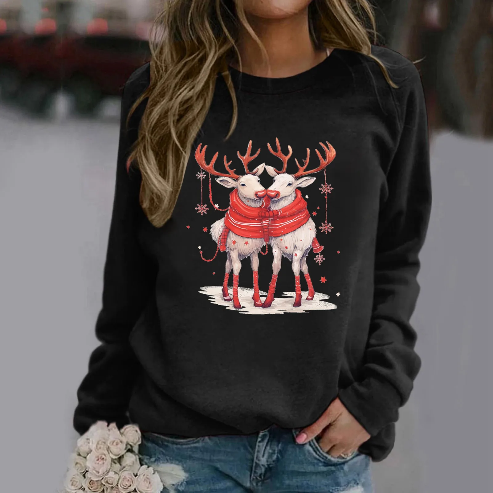 

Women's Autumn And Winter Leisure Christmas Couple Deer Print Round Neck Hatless Long Sleeve Sweater Contrast Jacket Women