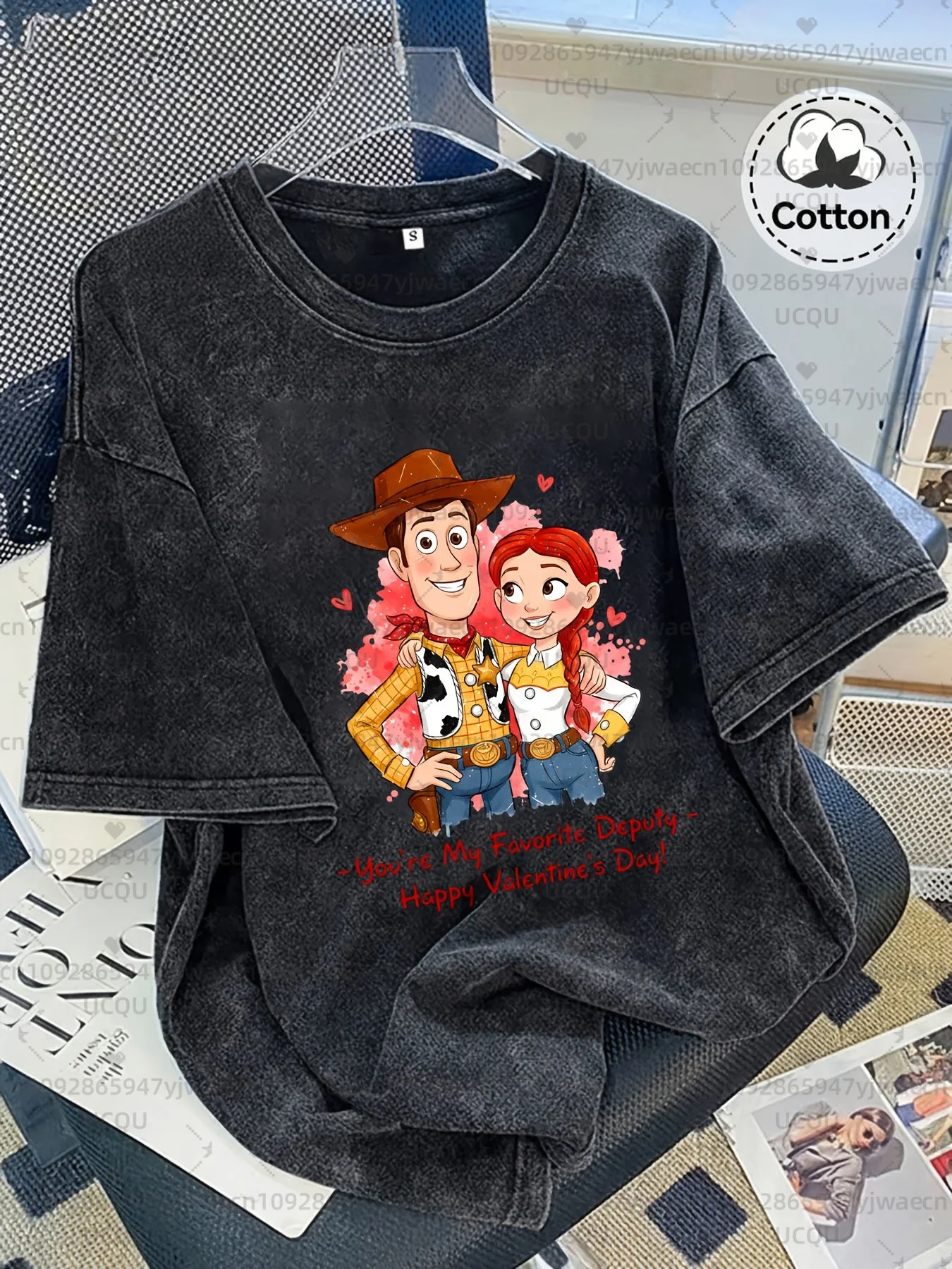 Summer Toy Story Woody Jessie Men's Women's Couple T-shirt Acid Wash 100% Cotton Short Sleeve Casual Vintage Style Washed Tees