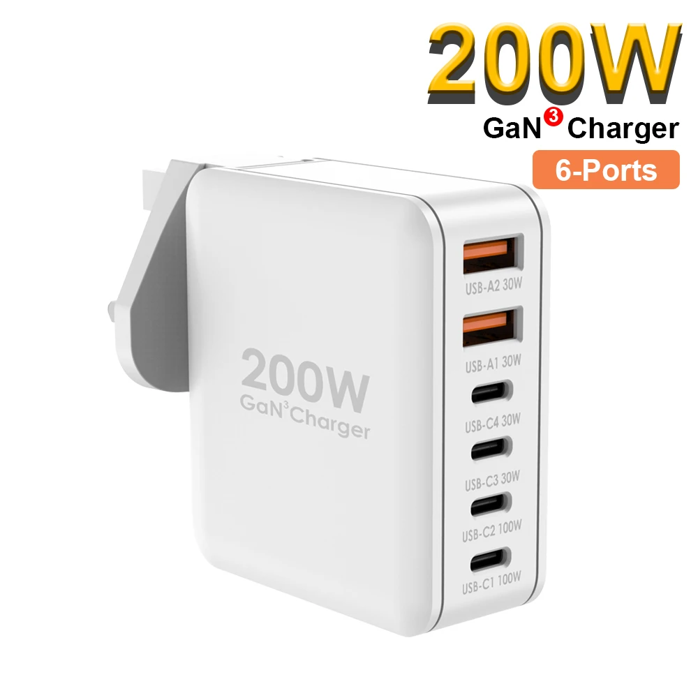 

6 Port PD 100W 4C2A Wall Fast Charging，GaN 200W Fast Charger Station Dock US AU EU UK KR Plug for iPhone Xiaomi Samsung Laptop