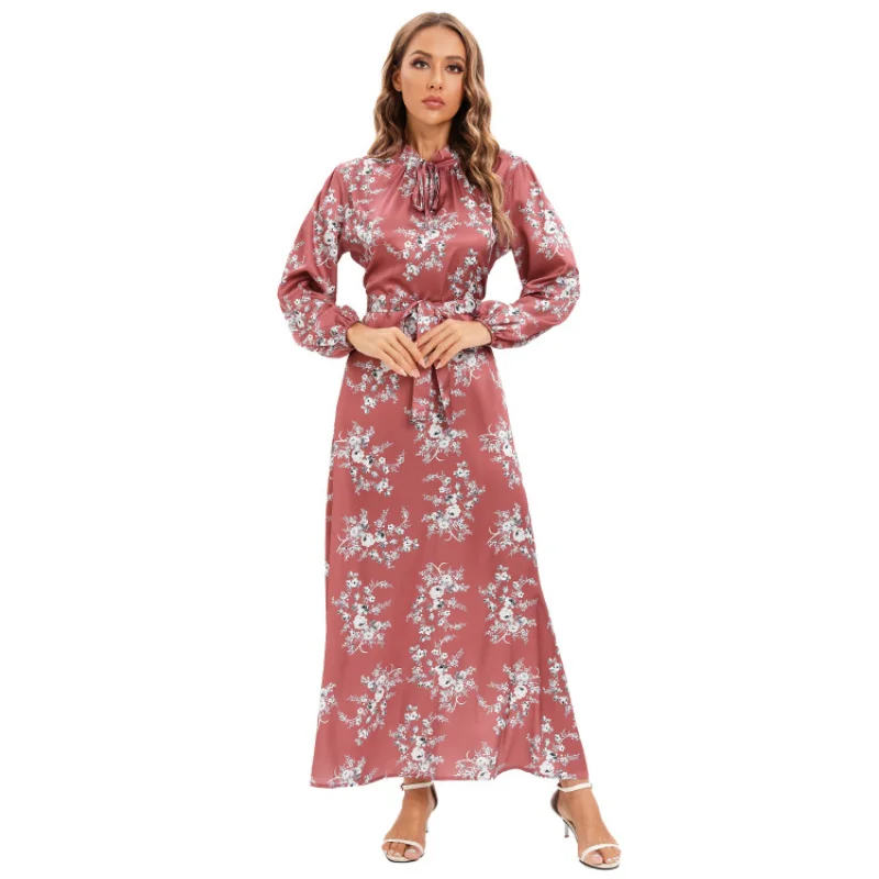 Muslim Abayat Dress for Women, Elegant Satin Print Abaya, Sweet Corset, Flower Ladies Dress, Europe and America