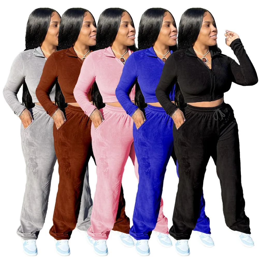 

Autumn Winter Velvet Women's Set Zipper Turtleneck Tops Straight Pants Set Tracksuit Two Piece Sets Outfits Active Sweatsuit