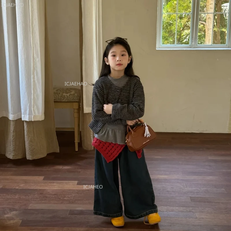 Girls Korean Style Toddler Soft Cotton Blend Casual Kids Outerwear Striped Cardigan Round Neck Open Front Coat Autumn Children - 3