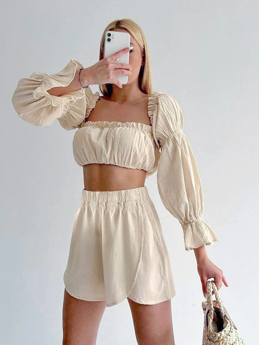 Marthaqiqi Fashion Spring Women'S Nightgown Suit Sexy Square Collar Sleepwear Long Sleeve Pajama High Waist Shorts Nightwear Set