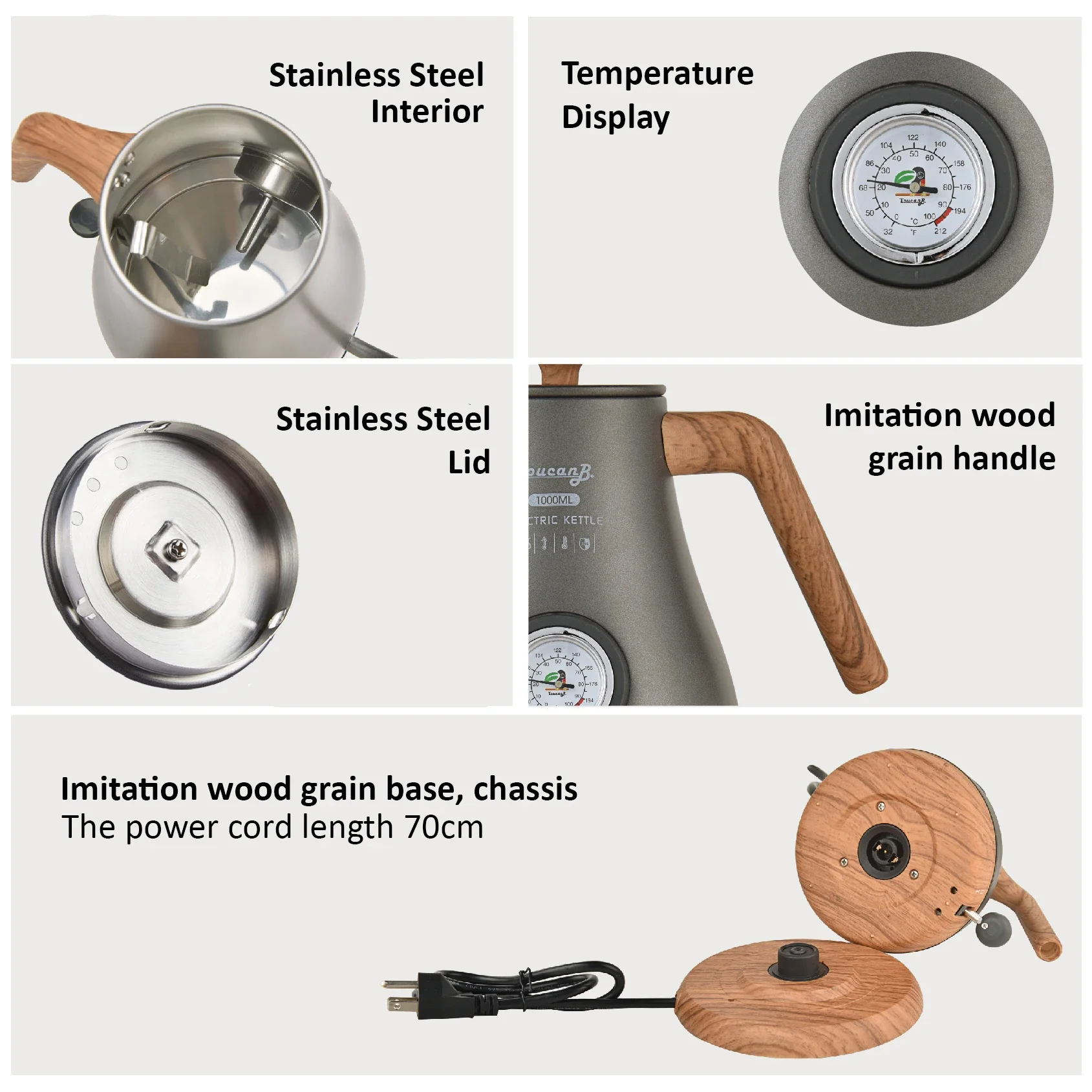 220V/ 110V 1L  kettle, 304 stainless steel, gooseneck spout, coffee maker, fine teapot with thermometer 4
