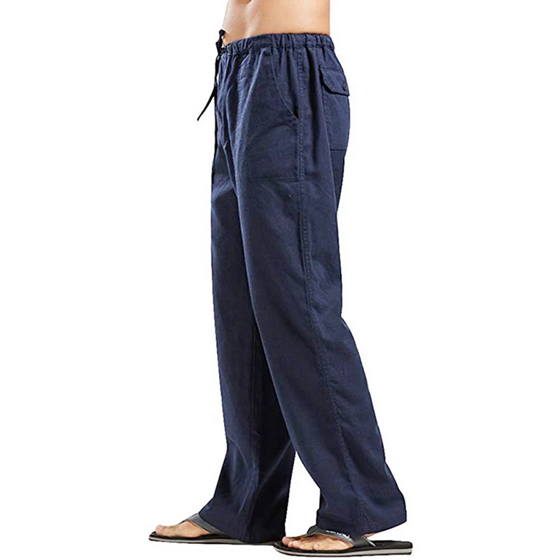 S-5XL Solid Color Multi-pocket Drawstring Loose Straight Men Pants Large Size Casual Breathable Comfortable Linen Summer Trouser 4