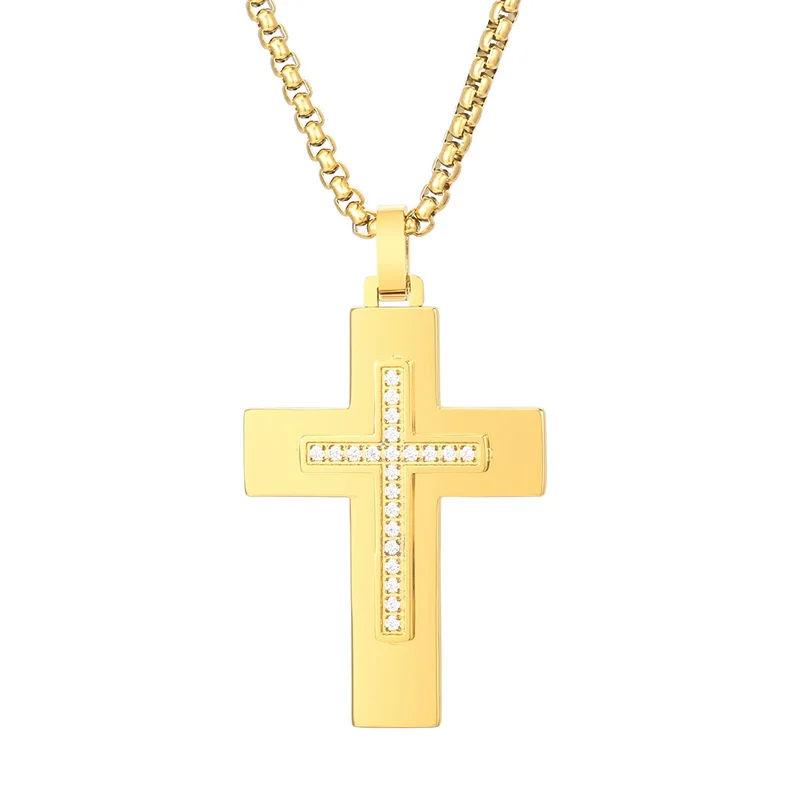 

Gold / Silver Jewelry CNC Zircon Double Cross Square Rolo Chain Stylish Men's Stainless Steel Necklace For Ladies Boys Gifts 3mm