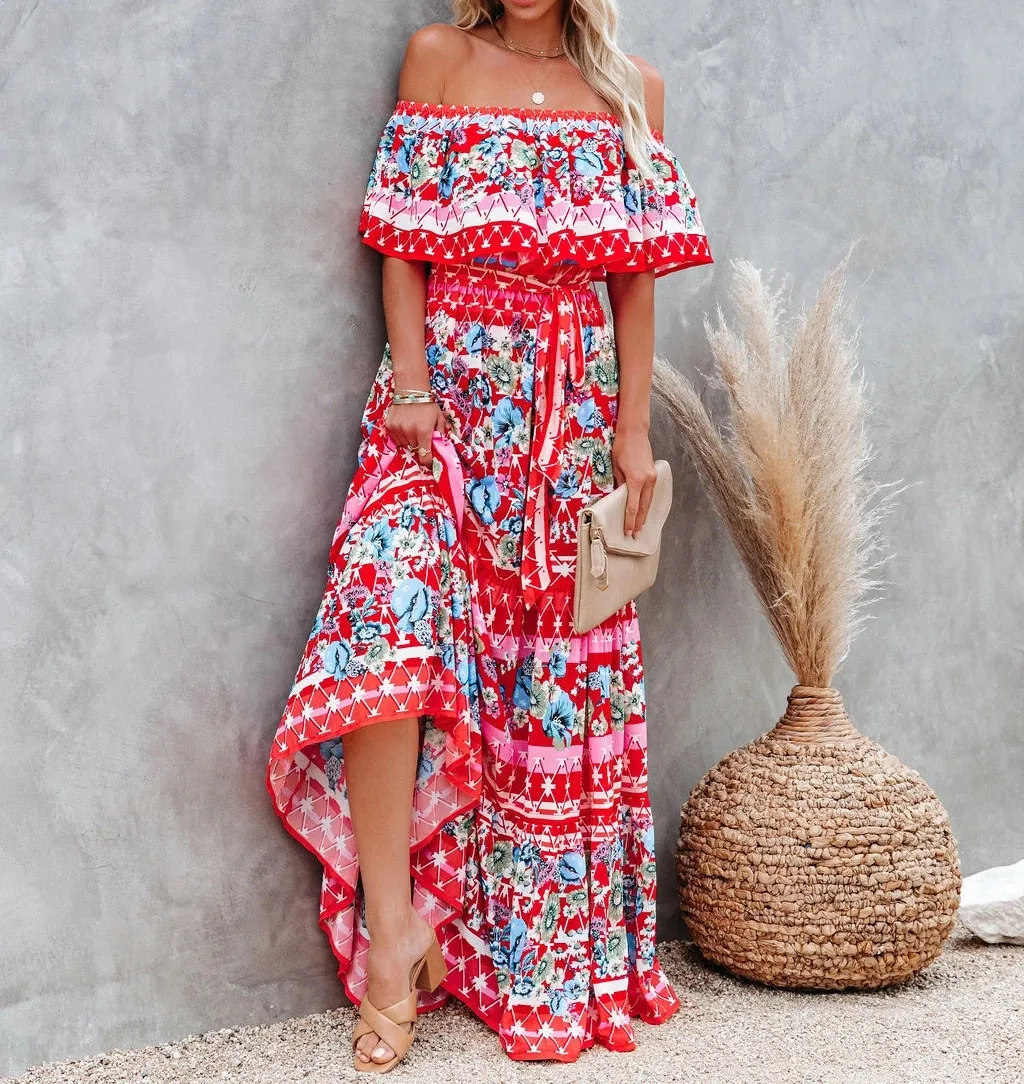 Flower Print Off Shoulder Long Dresses For Women Spring Summer New Fashion Temperament High Waist Leace-up Dress Female Vestidos 22 undefined