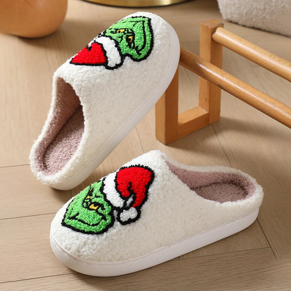 For Grinch Plush Slippers Flat Thermal Slippers Comfortable Fluffy Home Slippers Furry Green Monster Slippers for Indoor Bedroom 4