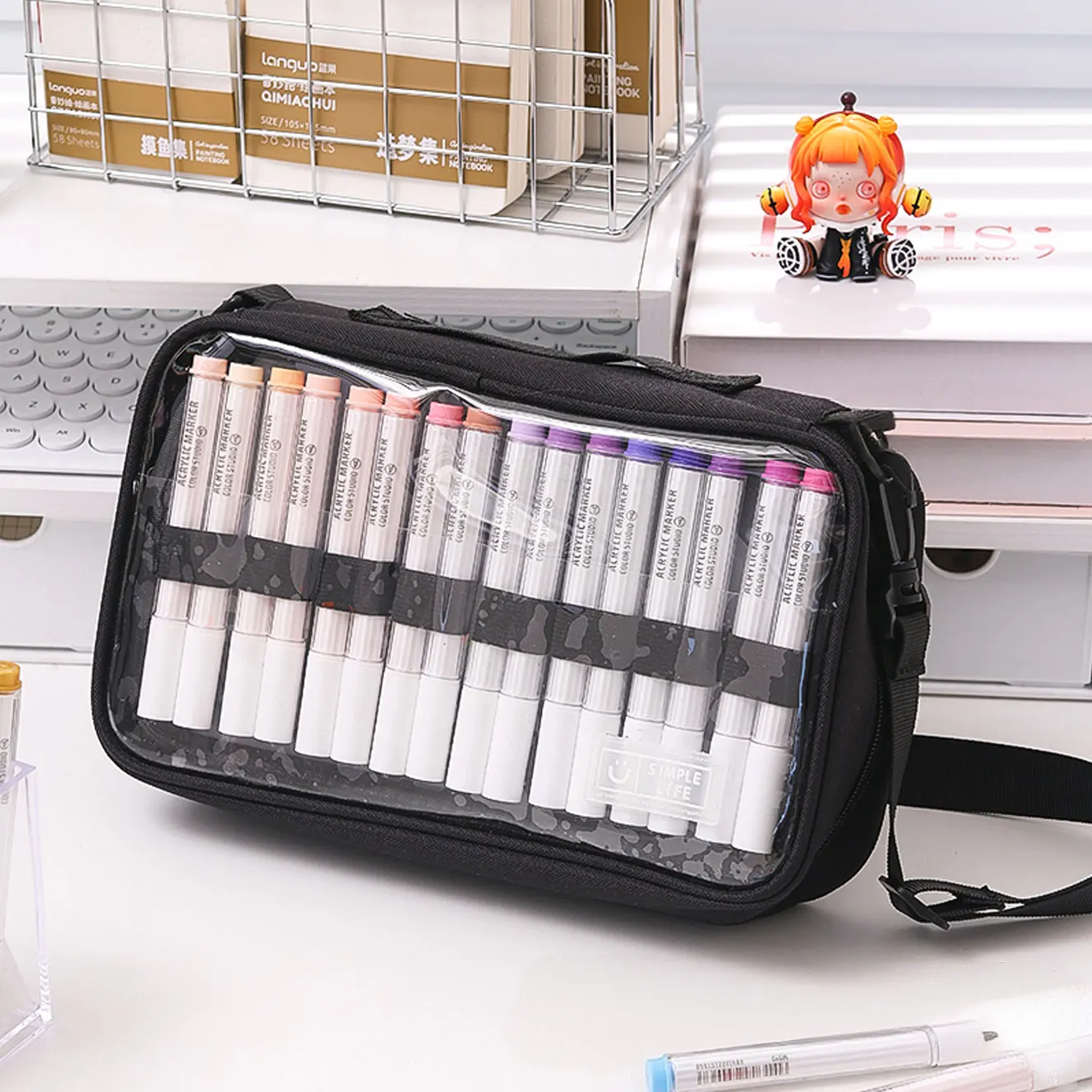 1개 마커 펜 전용 보관 가방 필통, 투명하고 간단한 색상의 휴대용 핸드백, 64개 펜 수납 대용량