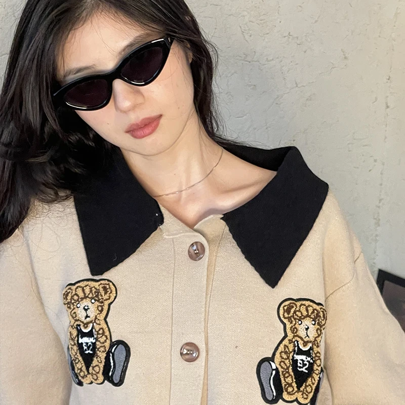 American Retro Autumn Polo Collar Sitting Bear Embroidered Knitwear