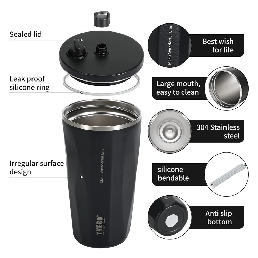 Vacuum Thermos Cup Tumbler Thermal Insulation Insulated Coffee Mug with Lid and Straw Stainless Steel for Hot Cold Drinks TYESO