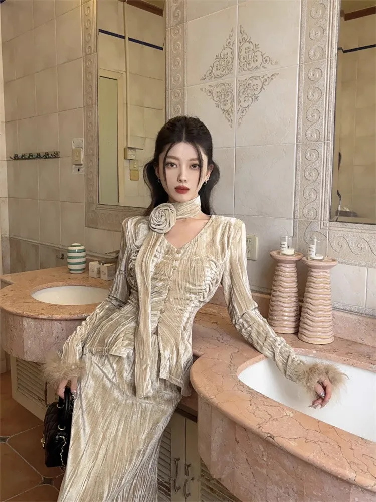 

Retro Velvet Shirt and Skirt Sets Women's French Autumn Niche 2 Piece Clothes Elegant Top & Slim Long Skirt 2 Piece Sets Outfits