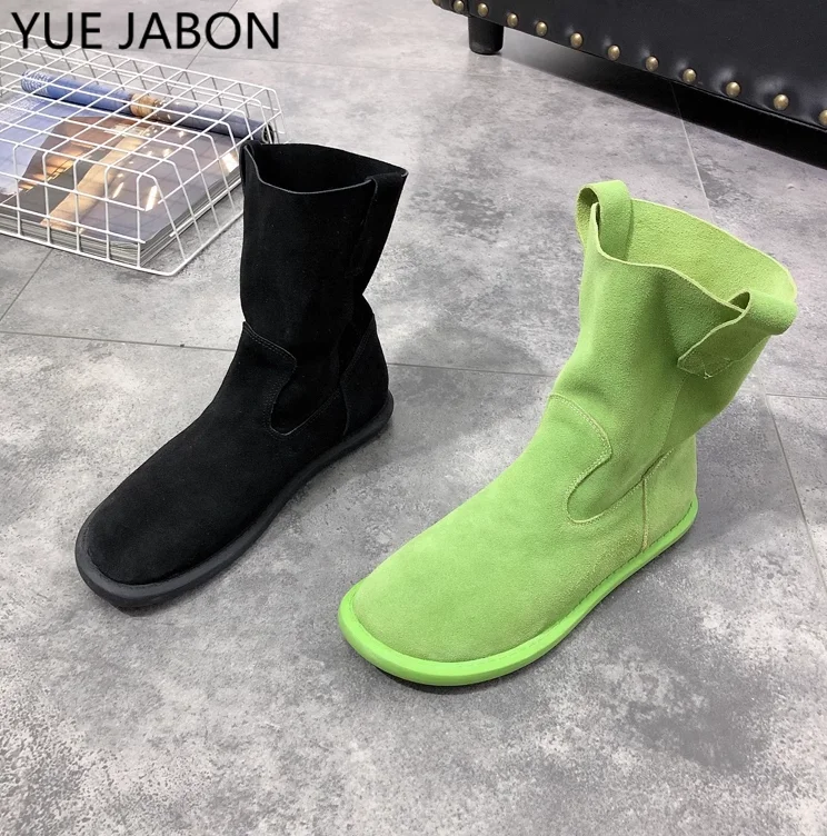 

Женские замшевые ботинки в стиле ретро, зеленые ботильоны из натуральной кожи, с круглым носком, на плоской подошве, повседневные ковбойские зимние ботинки в западном стиле