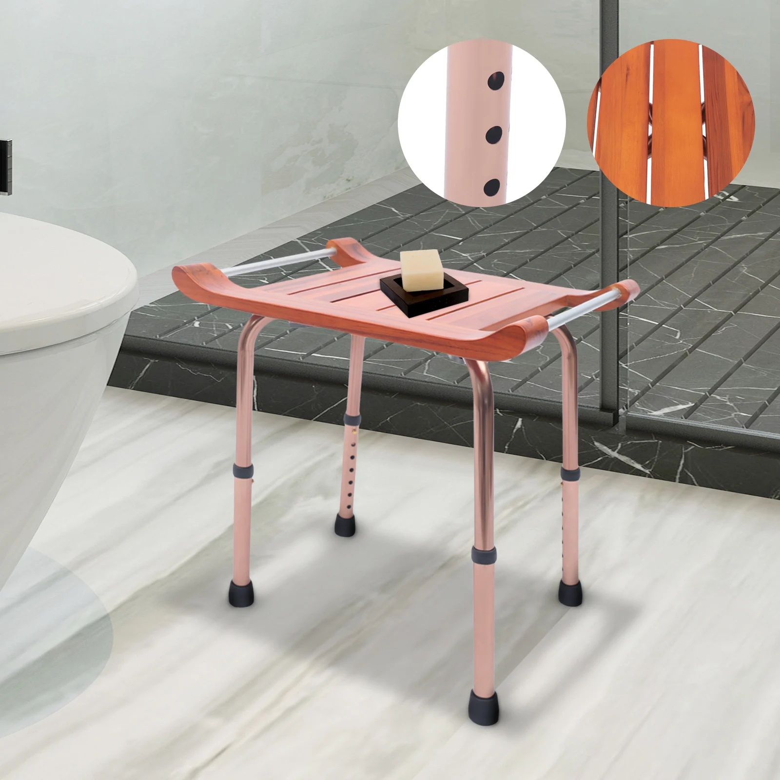 Shower Stool, Adjustable Height 15.16-21in, 300lbs Capacity, Waterproof Teak Wood, Non-Slip Aluminum Legs, Easy to Install, 4