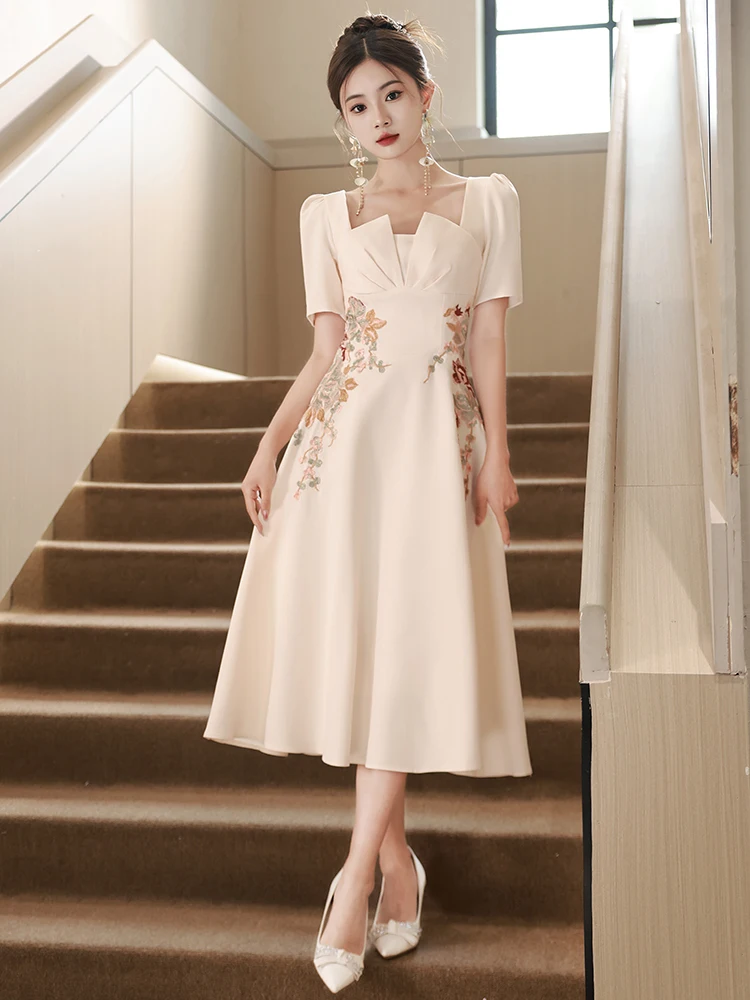 Floral Embroidered Champagne Evening Dress French Luxury Satin