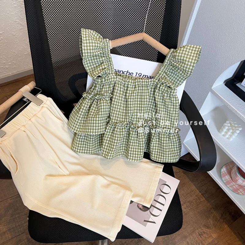 2024Summer New Girls' Plaid Suspender Trousers Two-Piece Set Loose Refreshing Suit23250