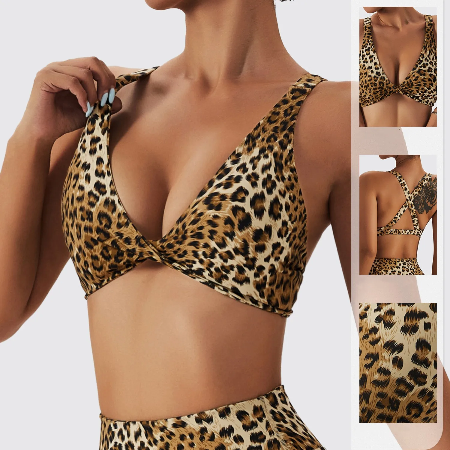

Women's Nude Twist Pleat Crossover Back Leopard Print Yoga Bra Gym Quick-drying Breathable Crop Top Fitness Running Sportswear