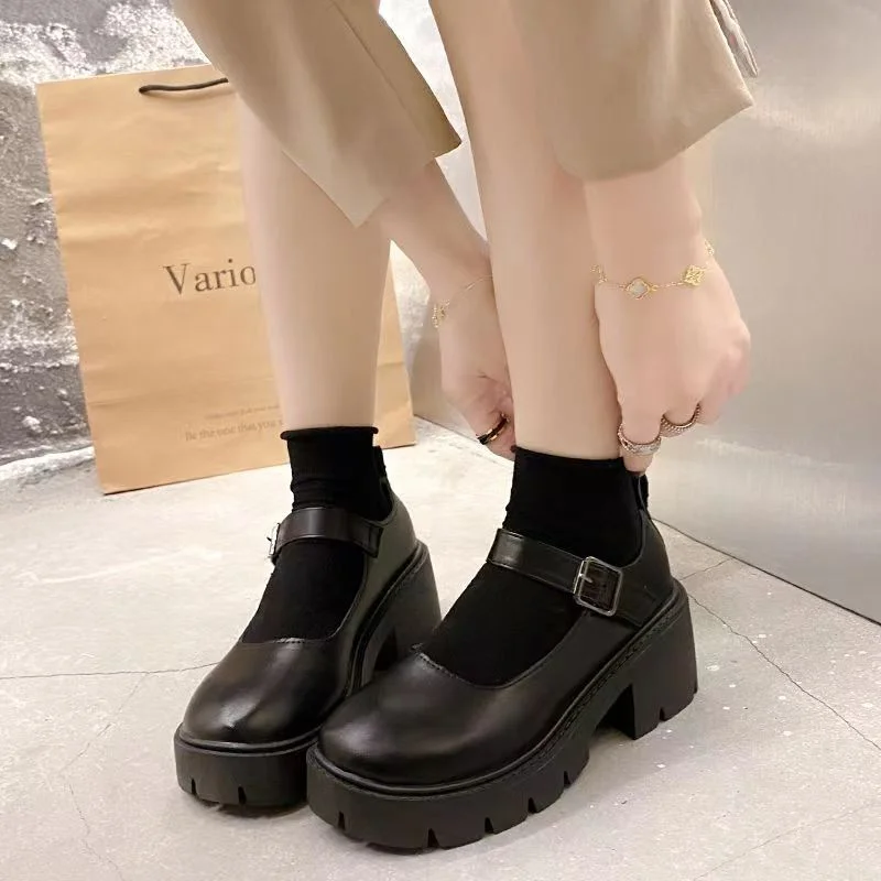 2023Lolita Shoes Japanese Girl Platform Black High Heels Fashion Round Toe  Jane Women Patent Faux Leather Student Cosplay Shoes